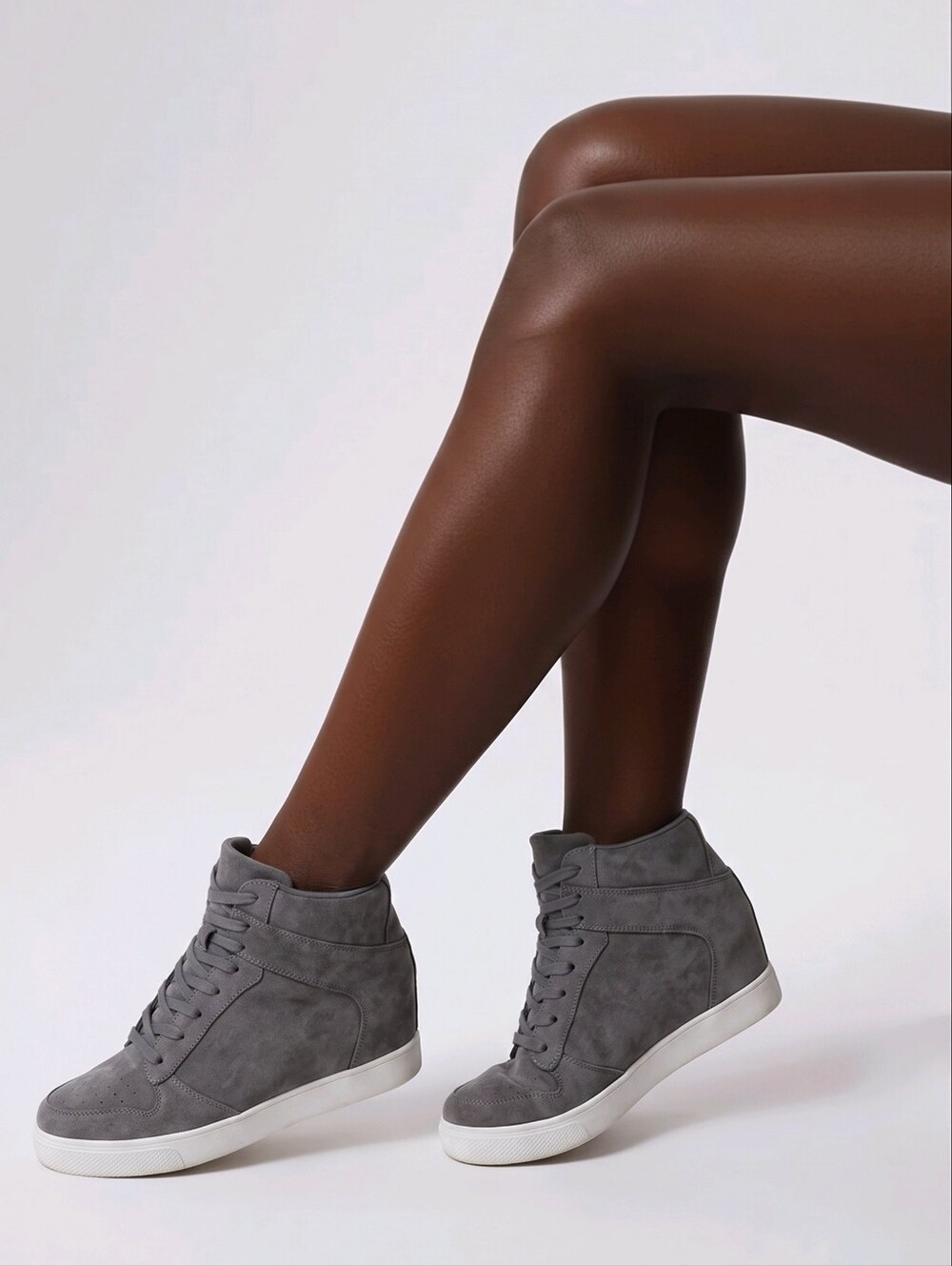 Women's Grey Suede High-Top Sneakers - Casual Lace-Up